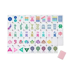 OMHJGO East Glow American Mahjong set featuring 160 colorful 4-layer acrylic tiles, bag, and dice.