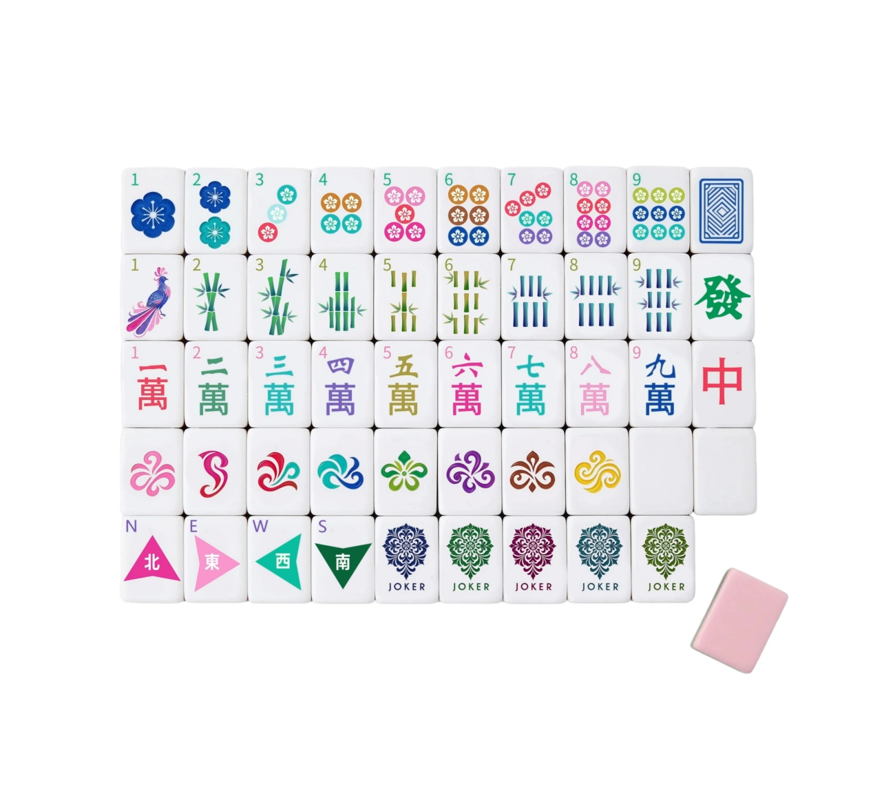OMHJGO East Glow American Mahjong set featuring 160 colorful 4-layer acrylic tiles, bag, and dice.