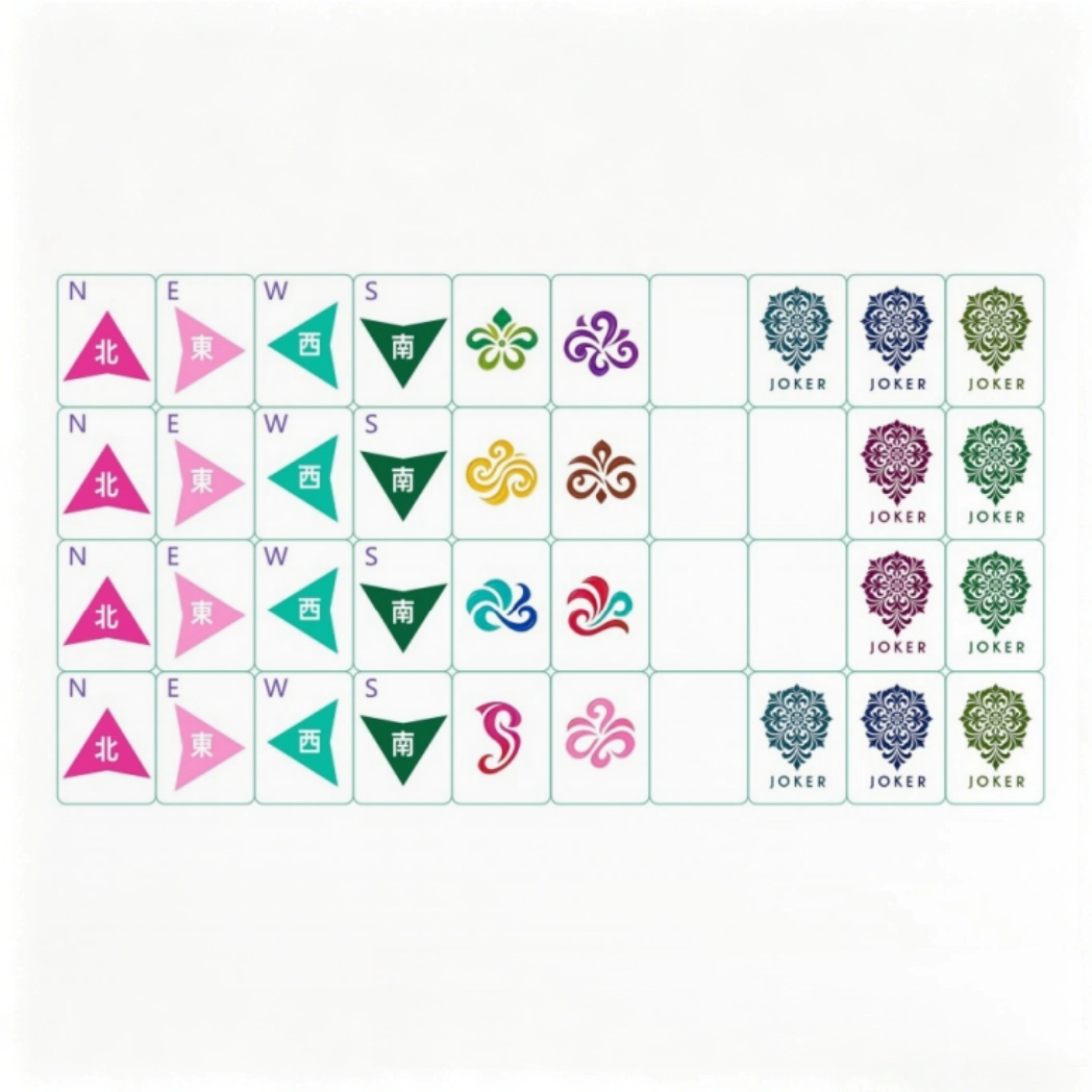 OMHJGO East Glow Mahjong tiles including Winds, artistic Jokers, and seasonal Flower tiles.