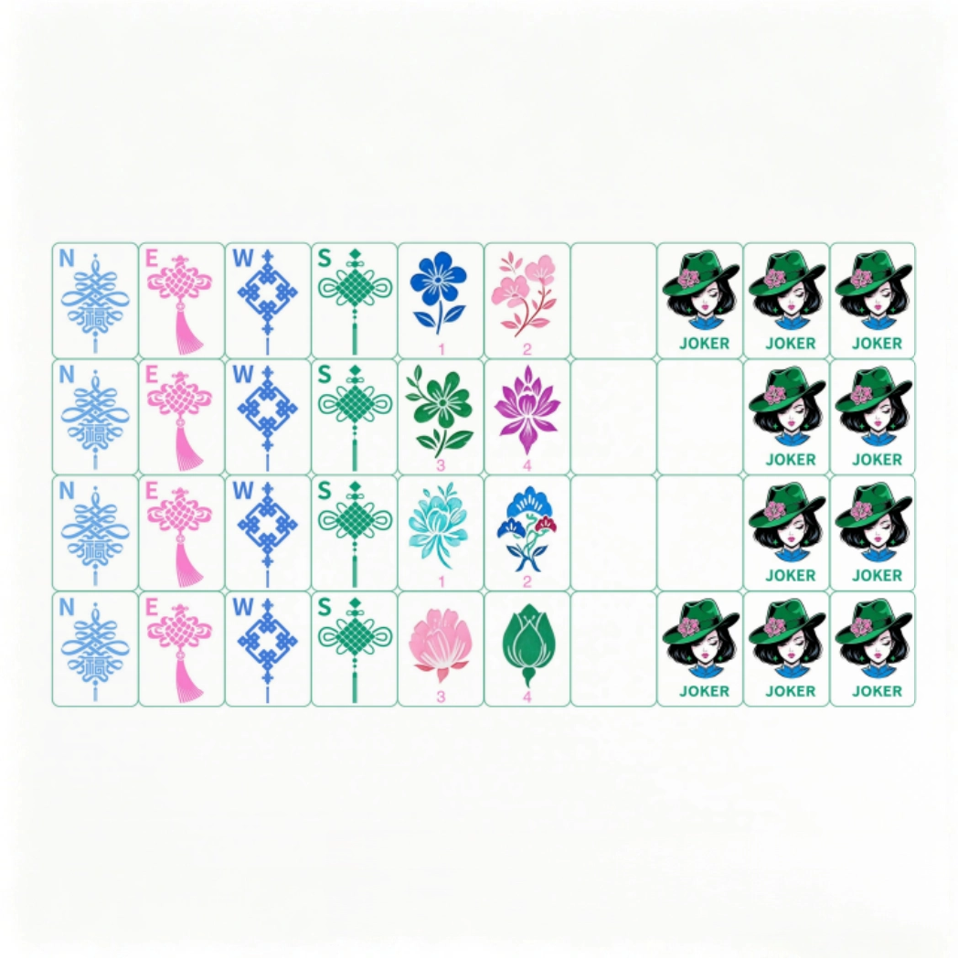 Lucky Knot Mahjong Winds with blue knots and lady jokers in green hats.