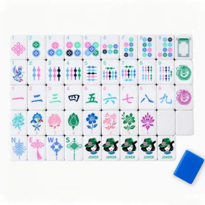 Complete OMHJGO Lucky Knot American Mahjong set with 160 tiles and blue joker.